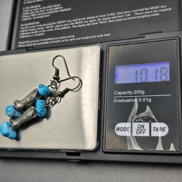 Western Boot Earrings | Faux Turquoise Dangle | Pewter Finish | 2.25" VTG - Picture 5 of 5